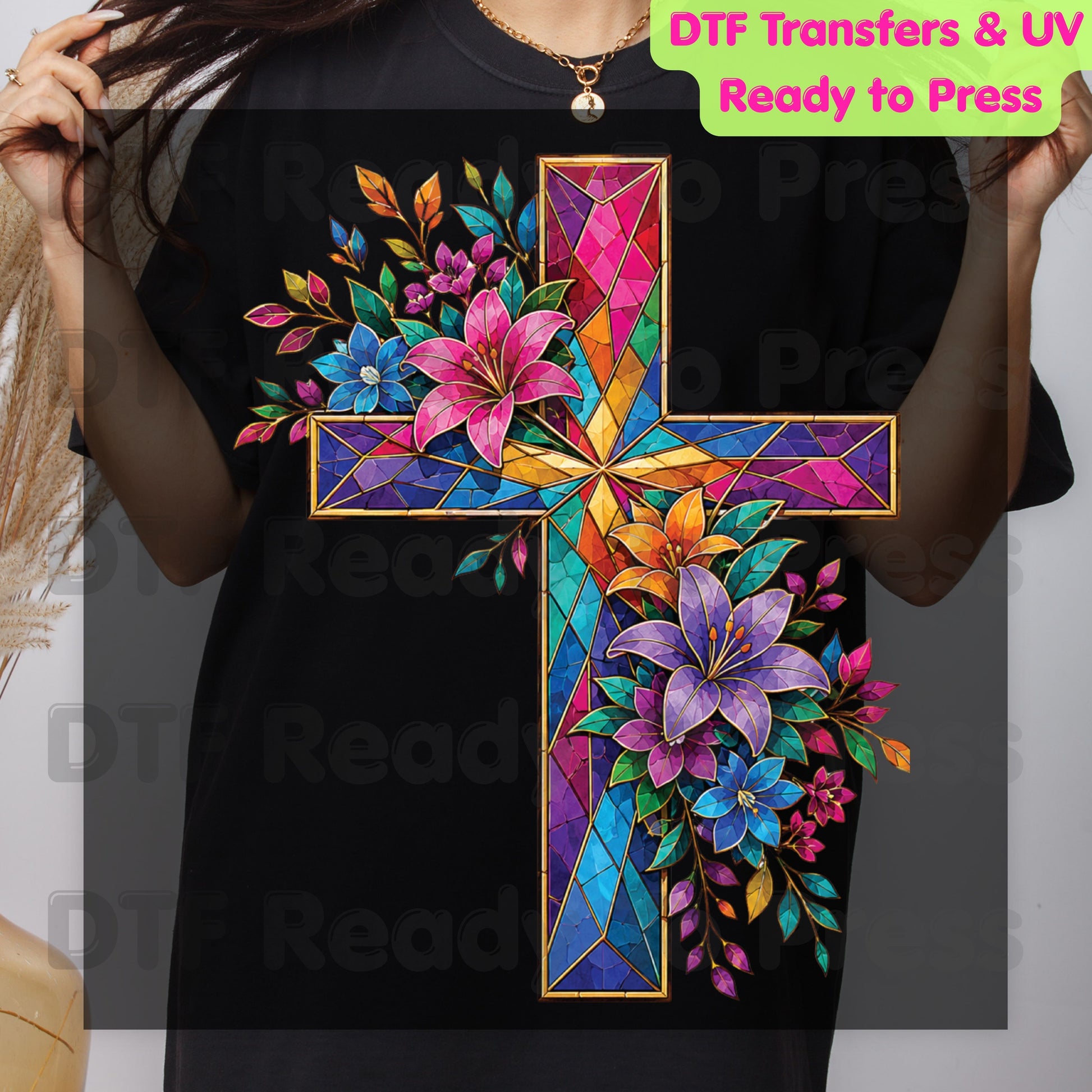 Stained Glass Cross DTF Transfer Ready to Press Christian Floral Cross UV DTF Sticker Colorful Easter Lilies Religious Faith Heat Transfer for Shirts
