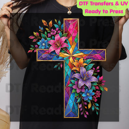 Stained Glass Cross DTF Transfer Ready to Press Christian Floral Cross UV DTF Sticker Colorful Easter Lilies Religious Faith Heat Transfer for Shirts