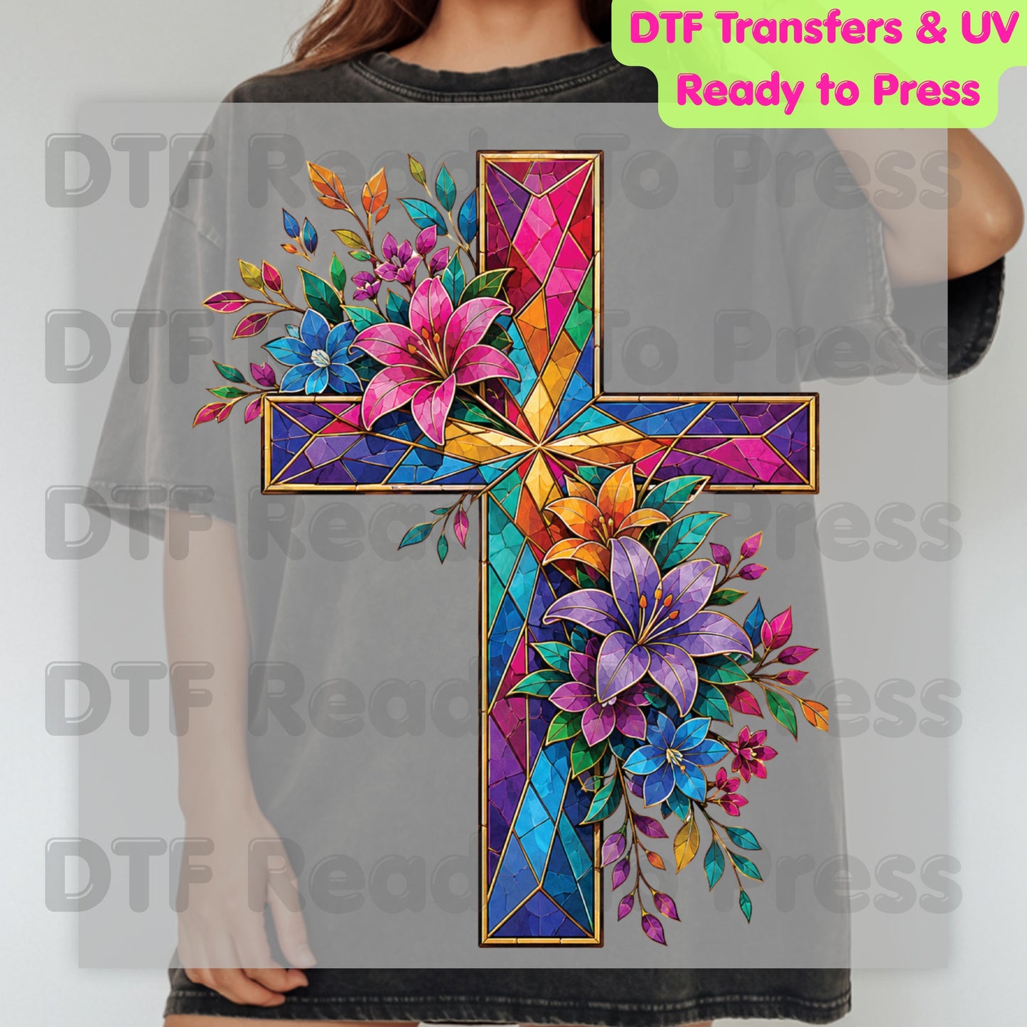 Stained Glass Cross DTF Transfer Ready to Press