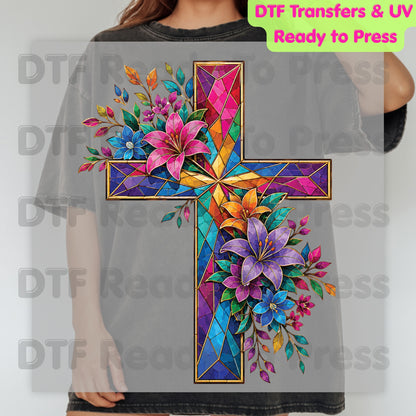 Stained Glass Cross DTF Transfer Ready to Press