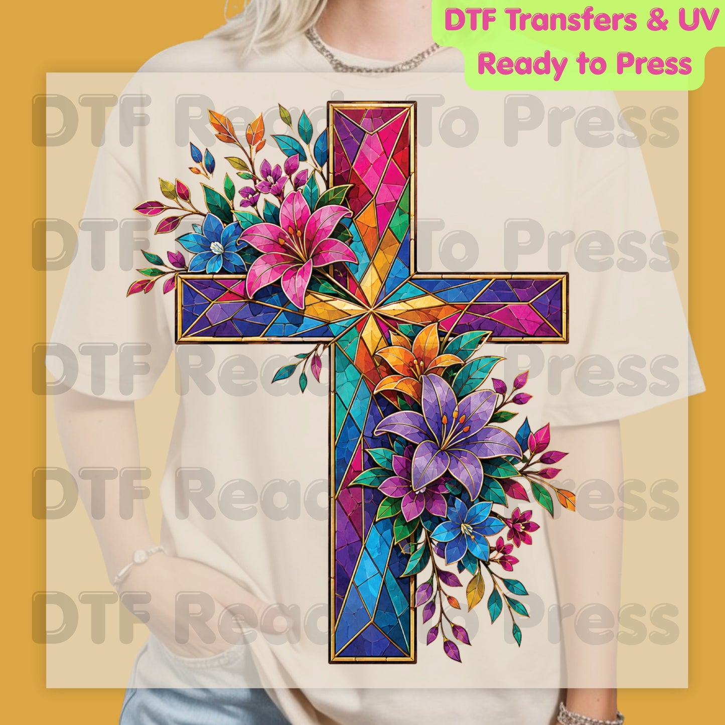 Stained Glass Cross DTF Transfer Ready to Press