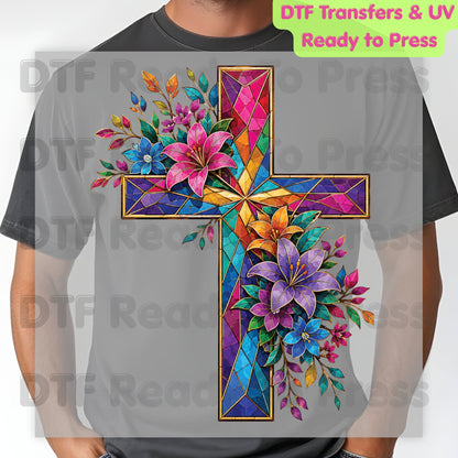 Stained Glass Cross DTF Transfer Ready to Press