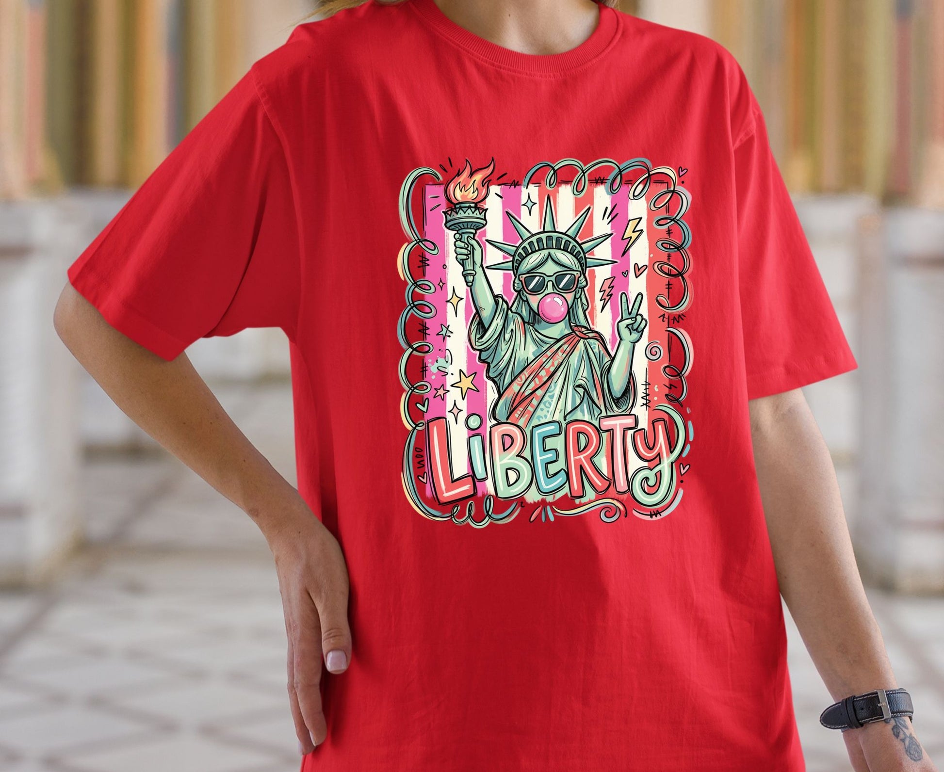 Statue of Liberty T Shirt Cool Liberty Bubble Gum Tee Cute Fourth of July Outfit Patriotic USA Doodle Tops Trendy NYC Vacation Gifts