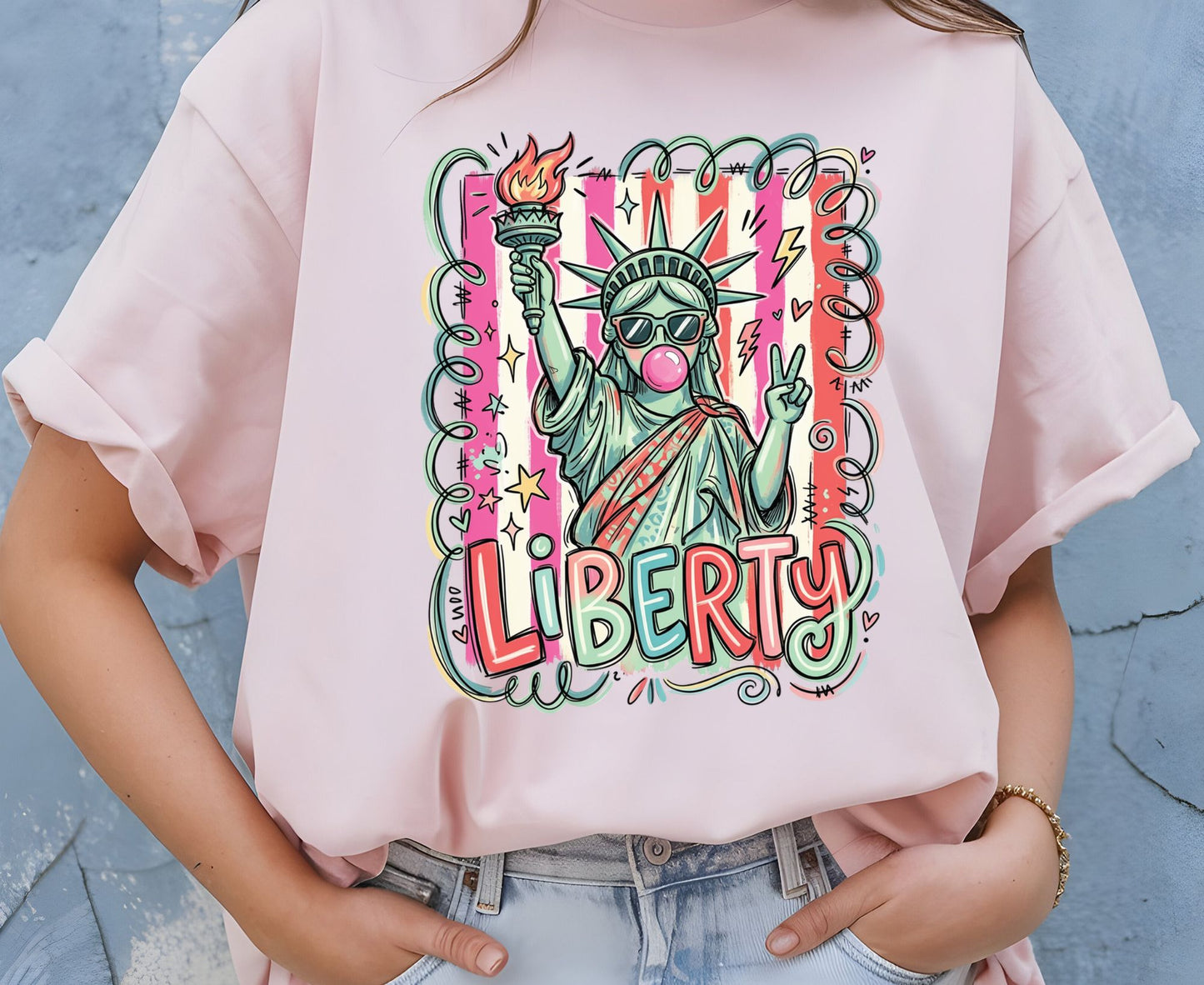 Statue of Liberty T Shirt Cool Liberty Bubble Gum Tee Cute Fourth of July Outfit Patriotic USA Doodle Tops Trendy NYC Vacation Gifts