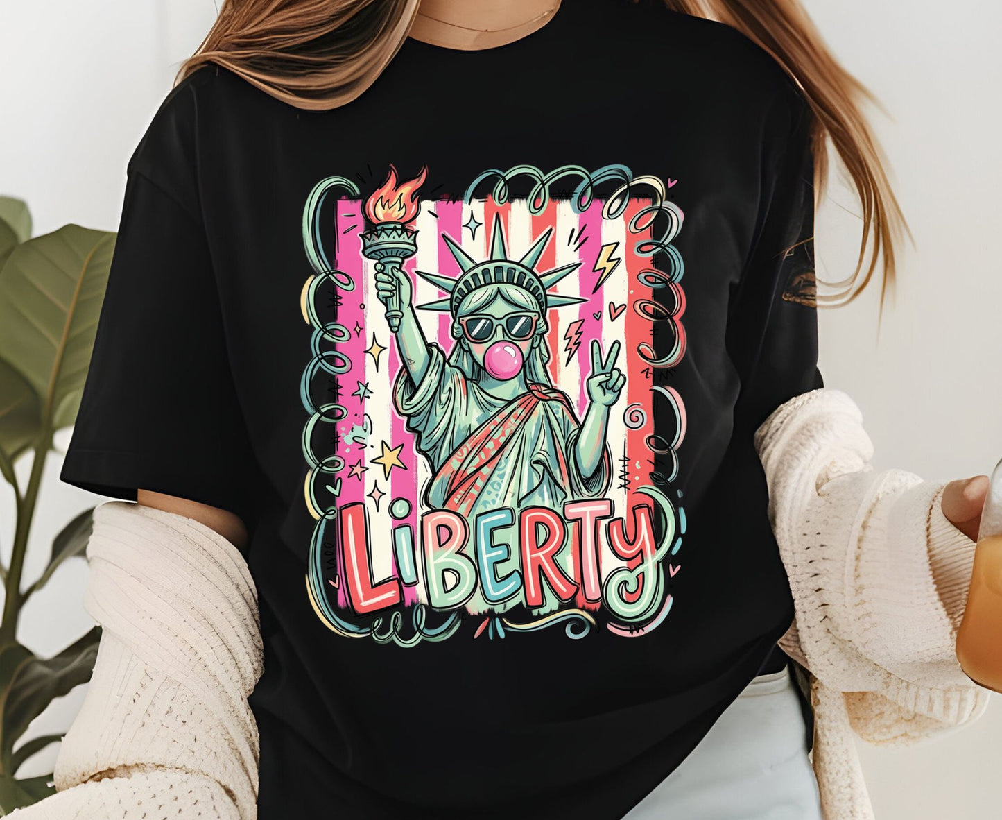 Statue of Liberty T Shirt Cool Liberty Bubble Gum Tee Cute Fourth of July Outfit Patriotic USA Doodle Tops Trendy NYC Vacation Gifts