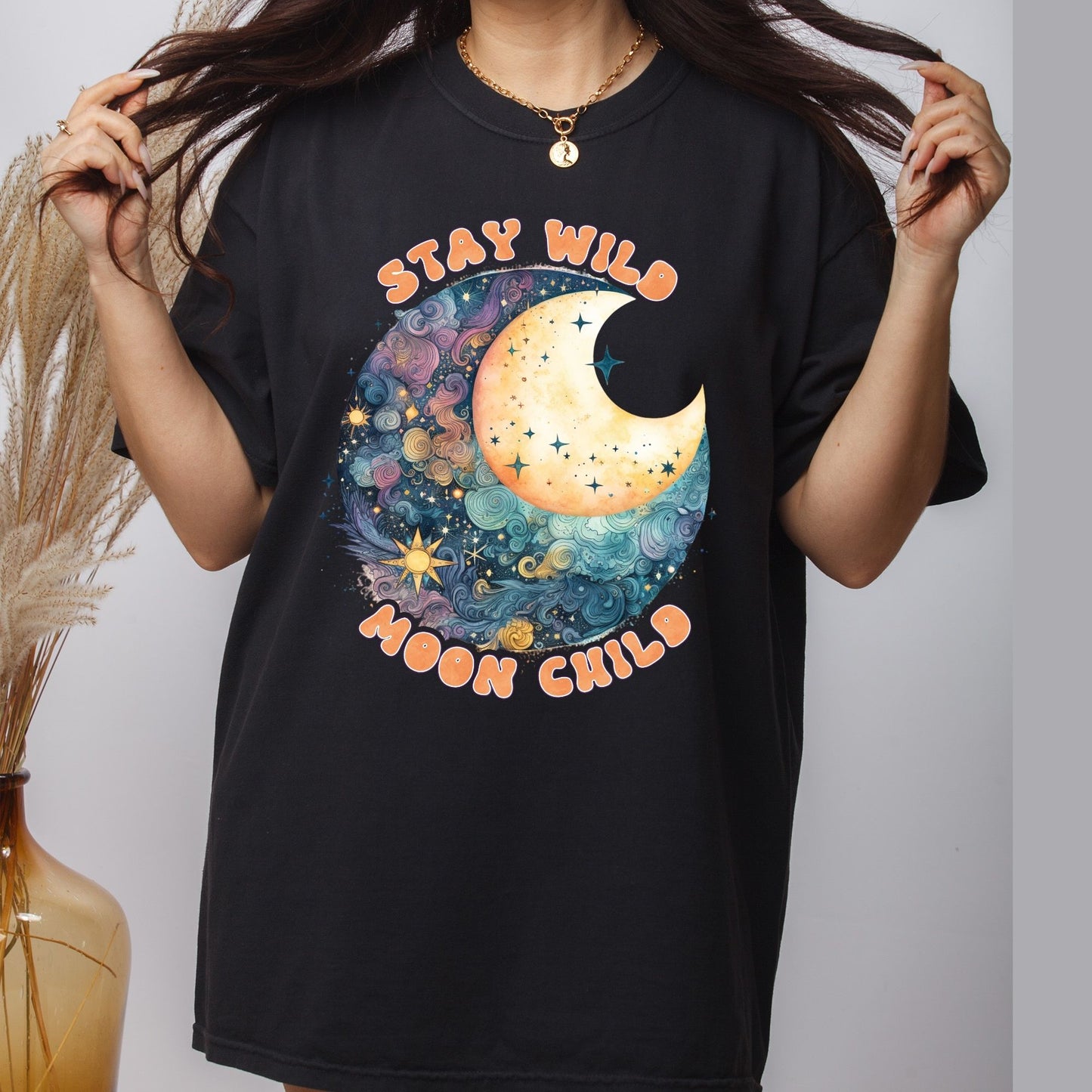 Stay Wild Moon Child DTF Transfer Ready to Press Retro Watercolor Celestial Heat Transfer For Shirt Boho Moon UV Sticker Prints