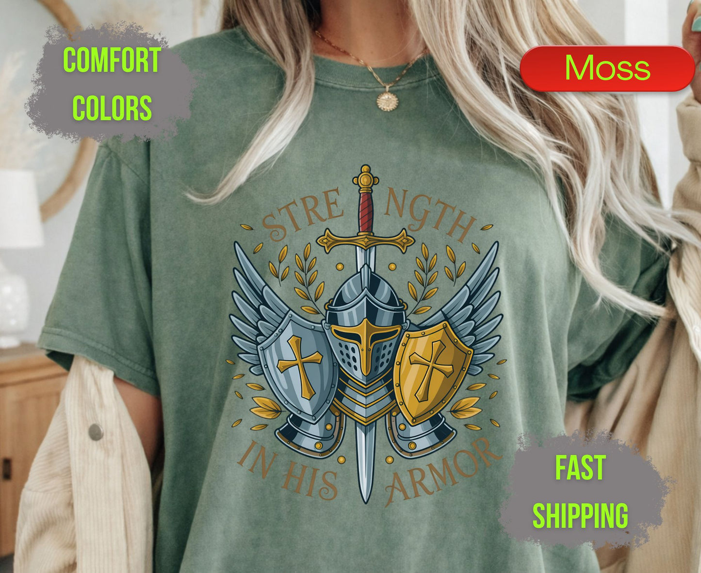 Strength In His Armor Comfort Colors T Shirts Christian Knight Shield Tee Armor of God Sword Graphic Shirt Religious Spiritual Warrior Gifts