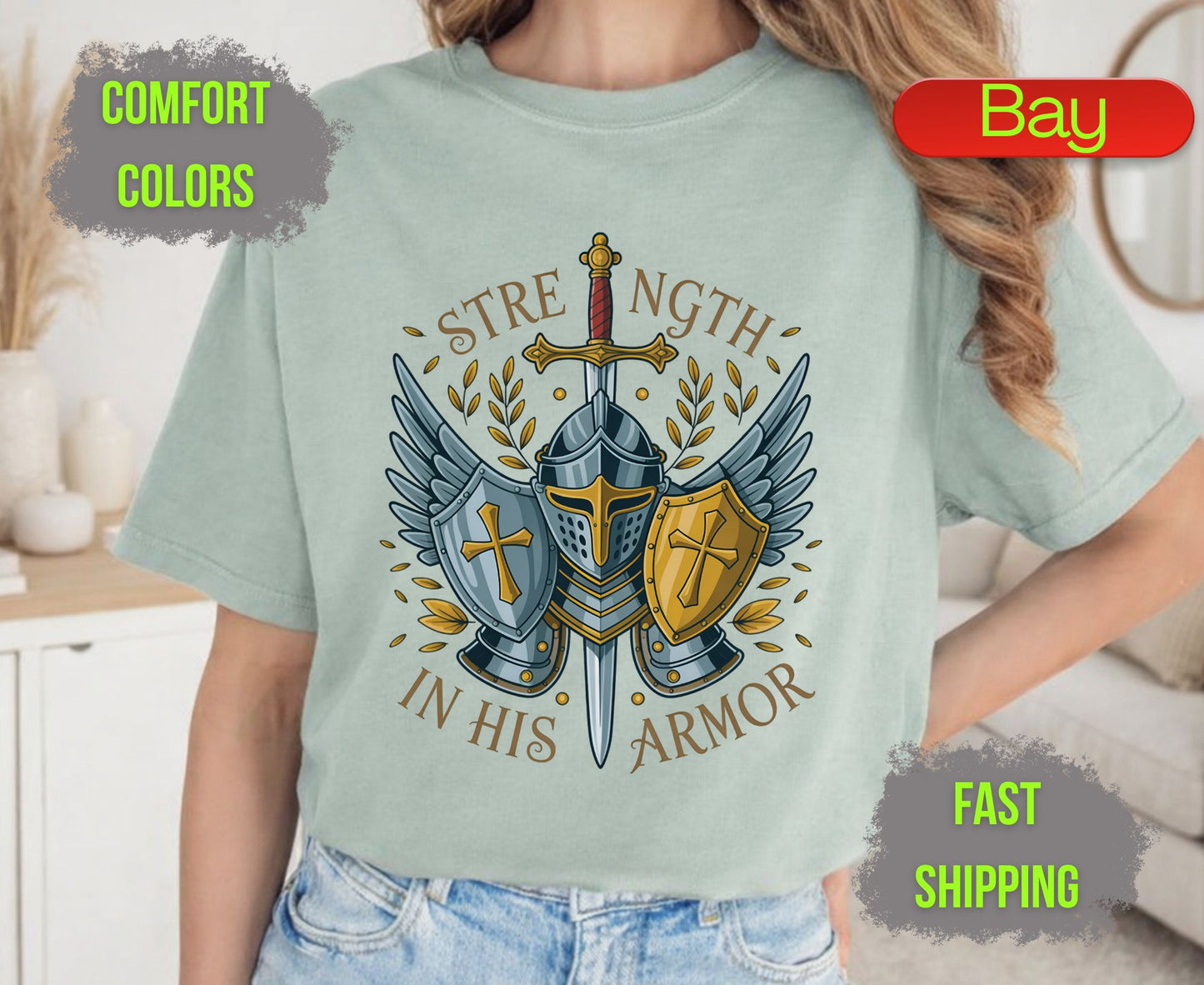 Strength In His Armor Comfort Colors T Shirts Christian Knight Shield Tee Armor of God Sword Graphic Shirt Religious Spiritual Warrior Gifts