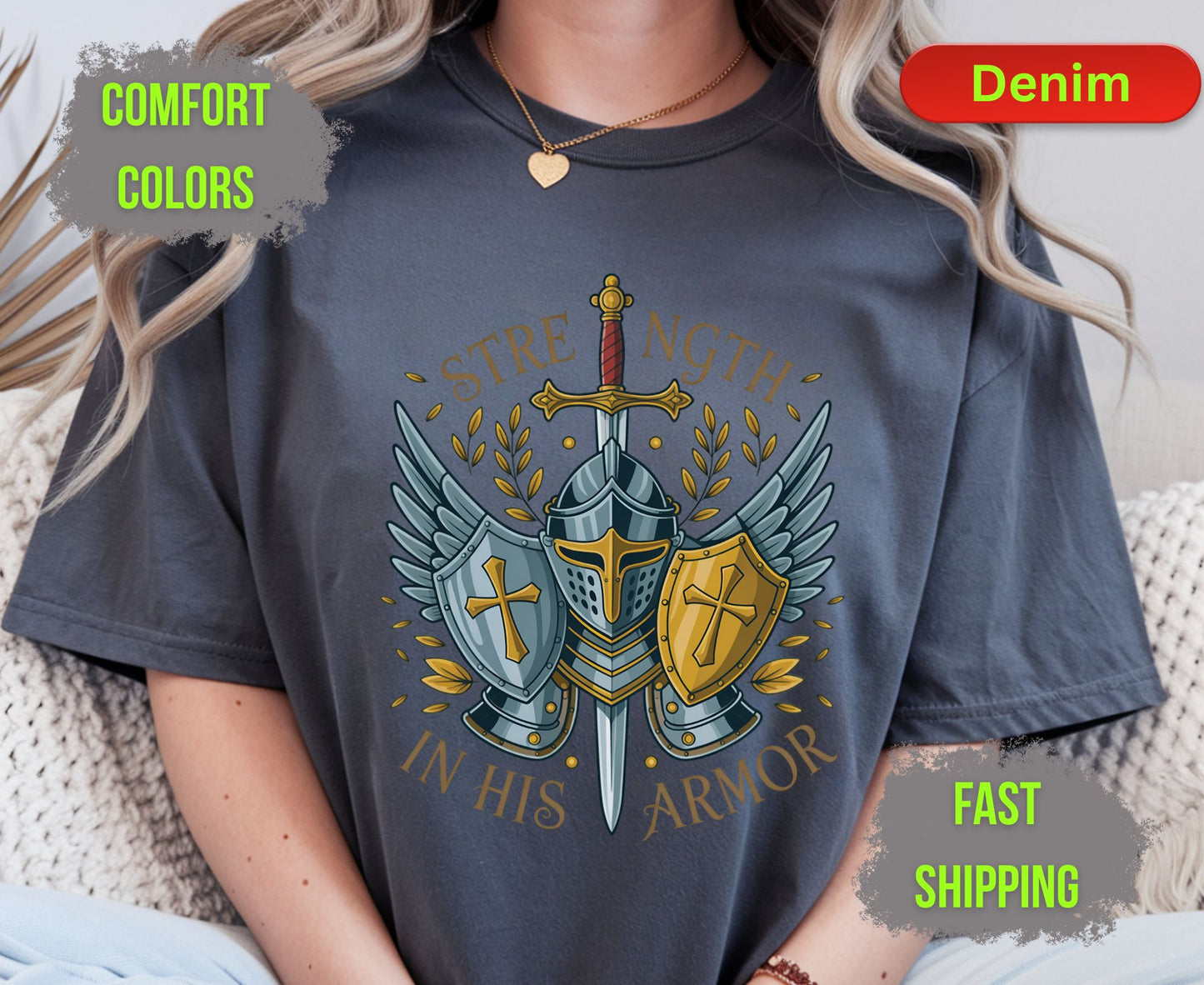 Strength In His Armor Comfort Colors T Shirts Christian Knight Shield Tee Armor of God Sword Graphic Shirt Religious Spiritual Warrior Gifts