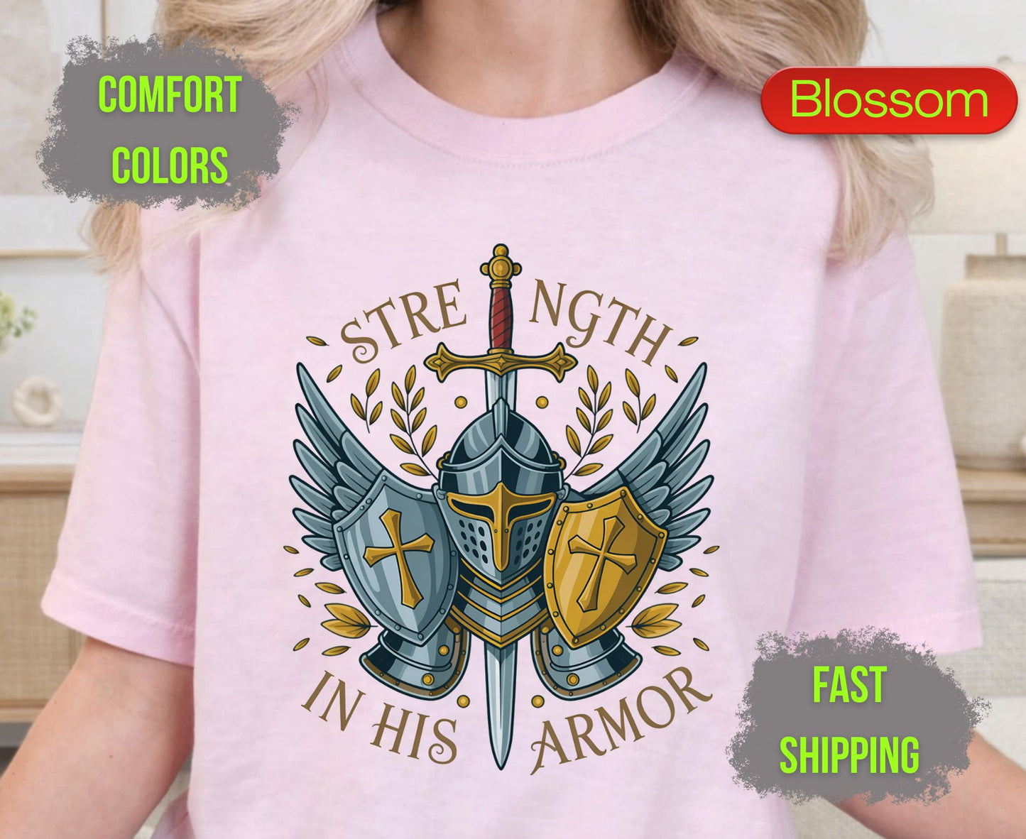 Strength In His Armor Comfort Colors T Shirts Christian Knight Shield Tee Armor of God Sword Graphic Shirt Religious Spiritual Warrior Gifts