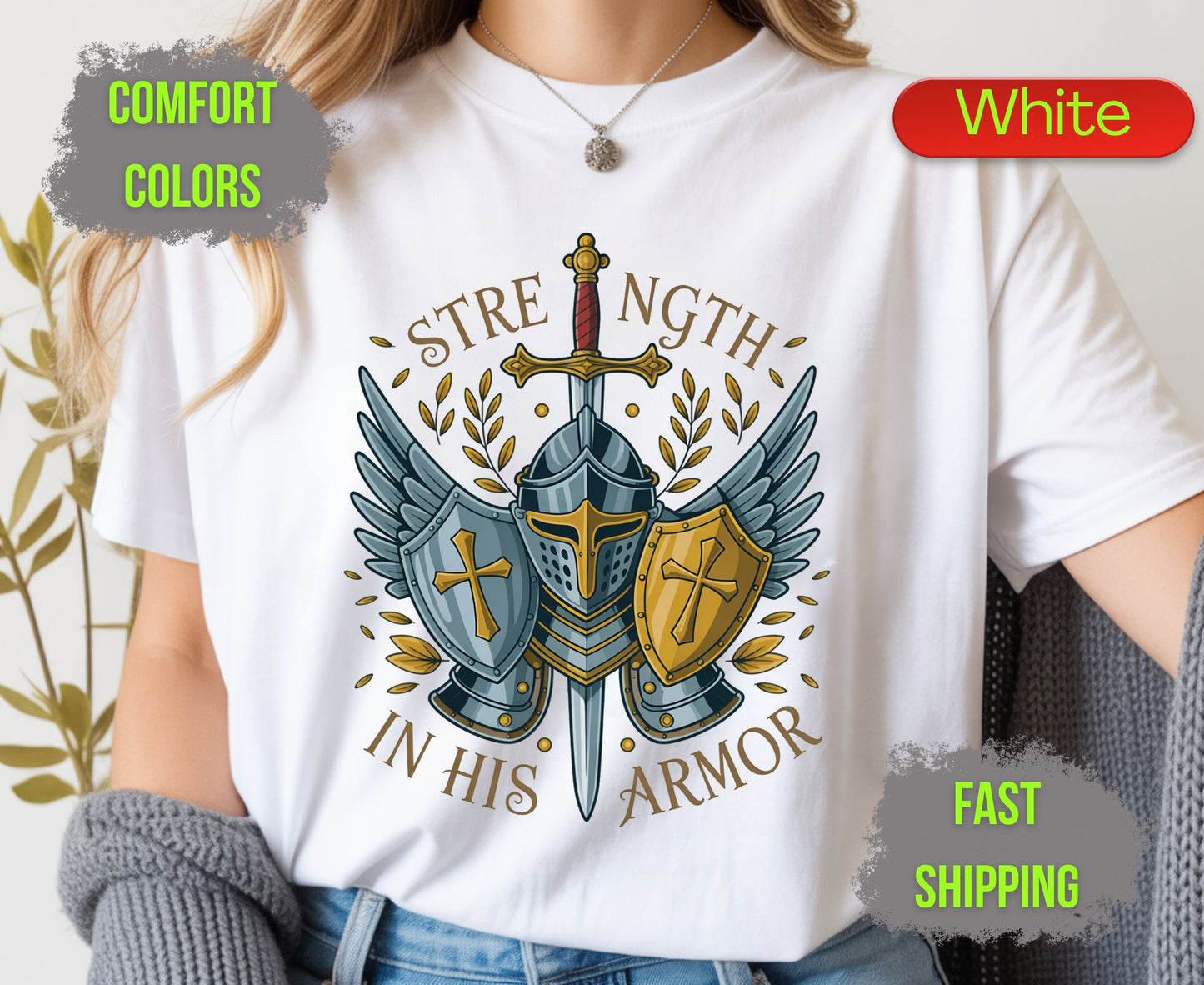 Strength In His Armor Comfort Colors T Shirts Christian Knight Shield Tee Armor of God Sword Graphic Shirt Religious Spiritual Warrior Gifts