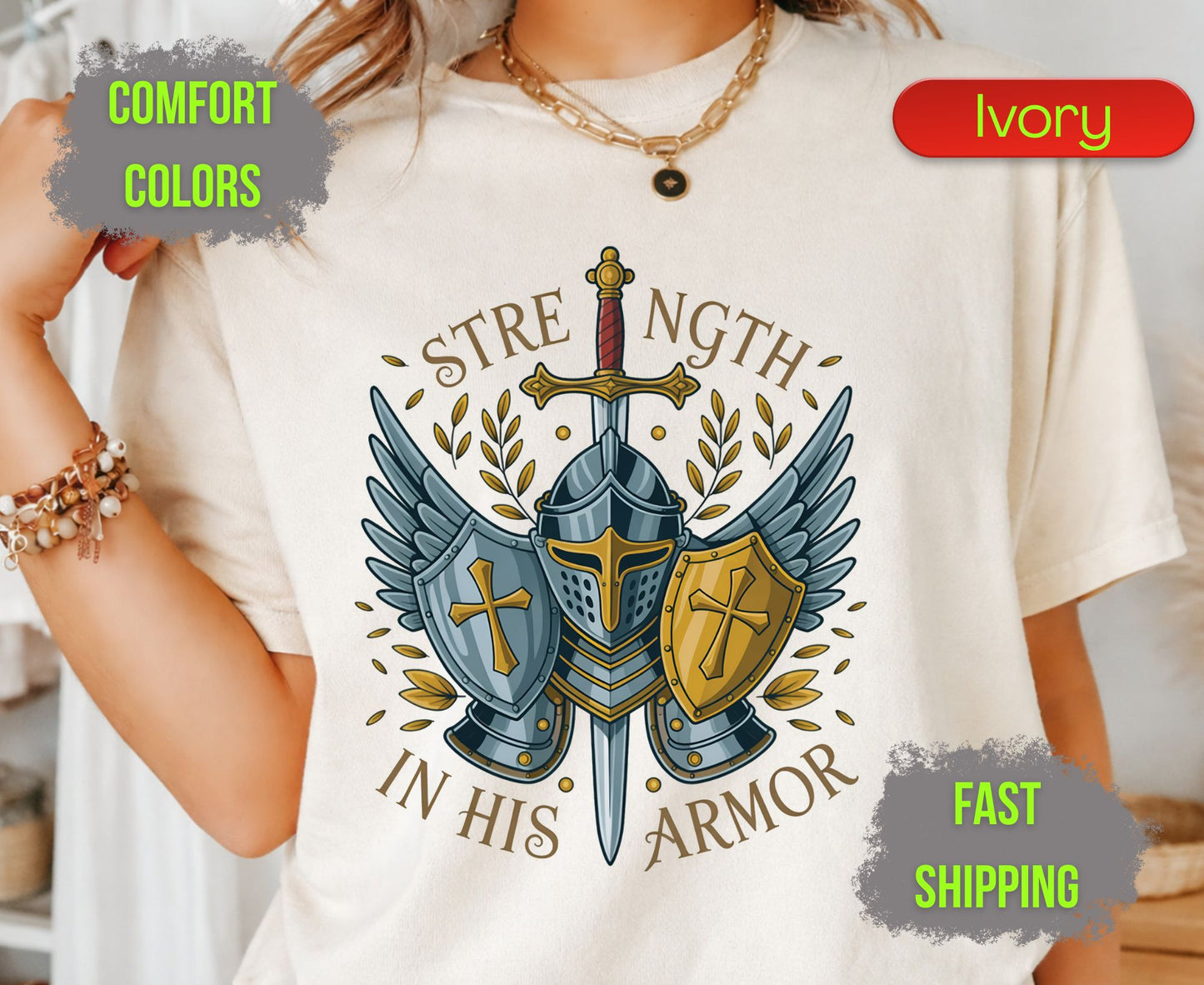 Strength In His Armor Comfort Colors T Shirts Christian Knight Shield Tee Armor of God Sword Graphic Shirt Religious Spiritual Warrior Gifts