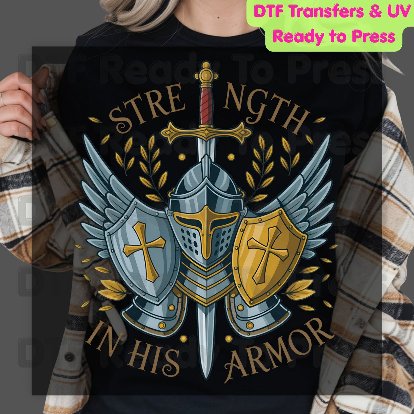 Strength In His Armor Knight DTF Transfer Ready to Press Christian Armor of God UV DTF Sticker Shield Cross Sword Wings Heat Transfer for Shirts