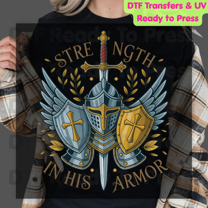 Strength In His Armor Knight DTF Transfer Ready to Press Christian Armor of God UV DTF Sticker Shield Cross Sword Wings Heat Transfer for Shirts