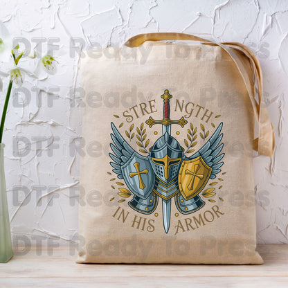 Strength In His Armor Knight DTF Transfer Ready to Press Christian Armor of God UV DTF Sticker Shield Cross Sword Wings Heat Transfer for Shirts