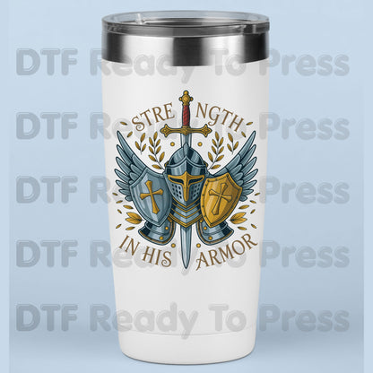 Strength In His Armor Knight DTF Transfer Ready to Press Christian Armor of God UV DTF Sticker Shield Cross Sword Wings Heat Transfer for Shirts