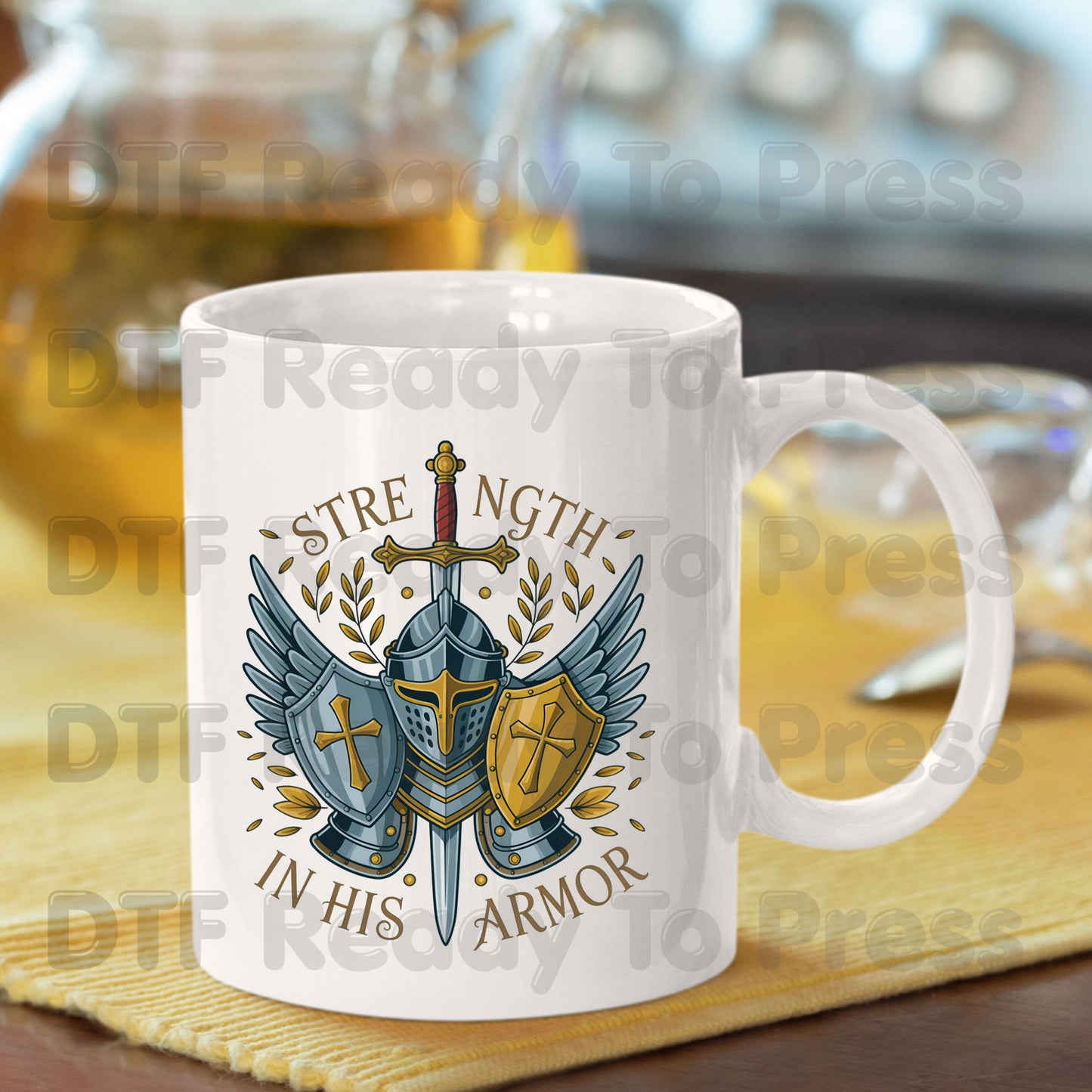 Strength In His Armor Knight DTF Transfer Ready to Press Christian Armor of God UV DTF Sticker Shield Cross Sword Wings Heat Transfer for Shirts