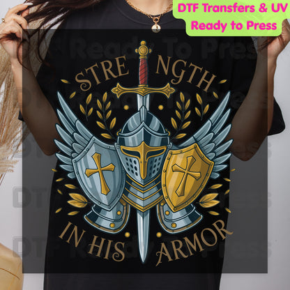 Strength In His Armor Knight DTF Transfer Ready to Press Christian Armor of God UV DTF Sticker Shield Cross Sword Wings Heat Transfer for Shirts