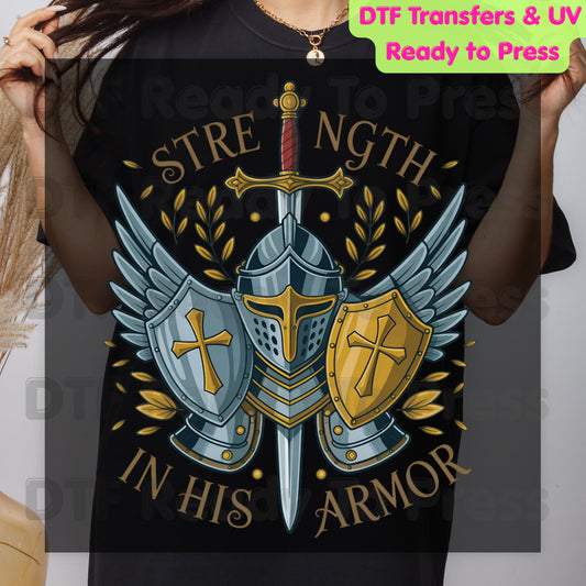 Strength In His Armor Knight DTF Transfer Ready to Press Christian Armor of God UV DTF Sticker Shield Cross Sword Wings Heat Transfer for Shirts