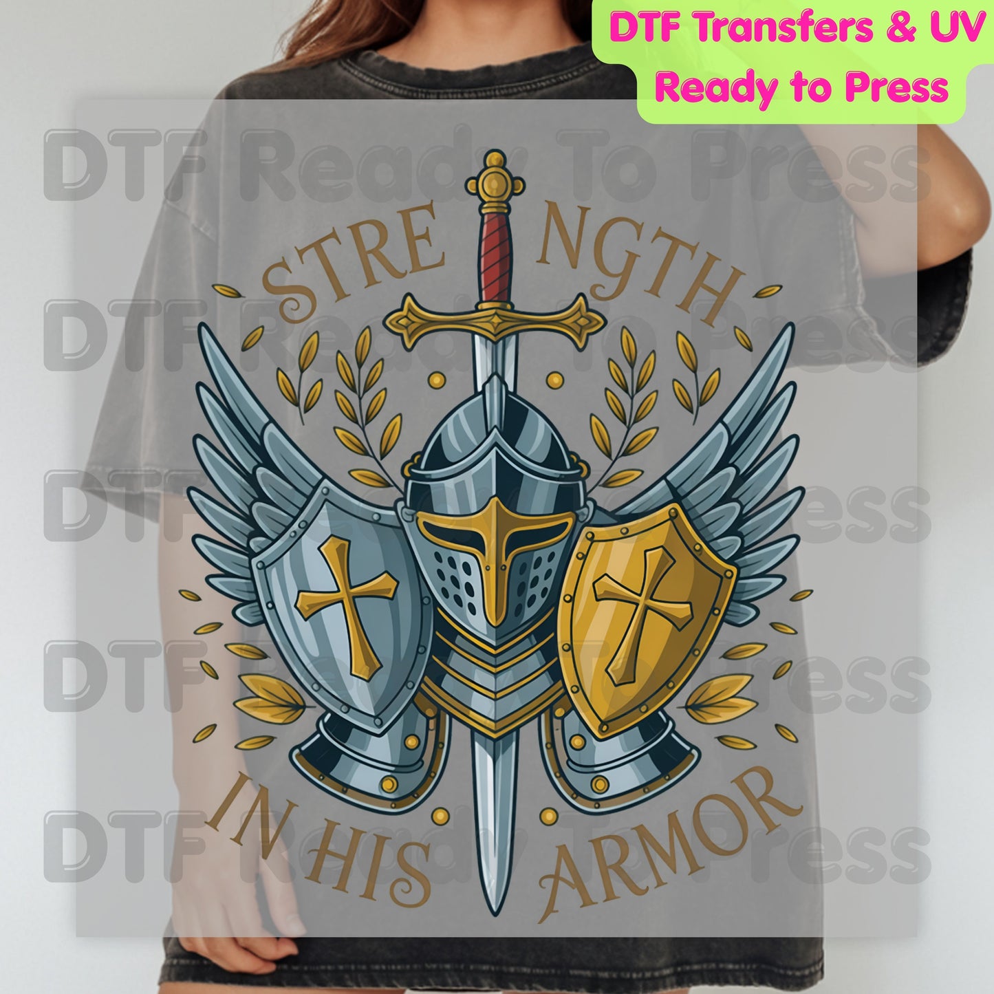 Strength In His Armor Knight DTF Transfer Ready to Press Christian Armor of God UV DTF Sticker Shield Cross Sword Wings Heat Transfer for Shirts