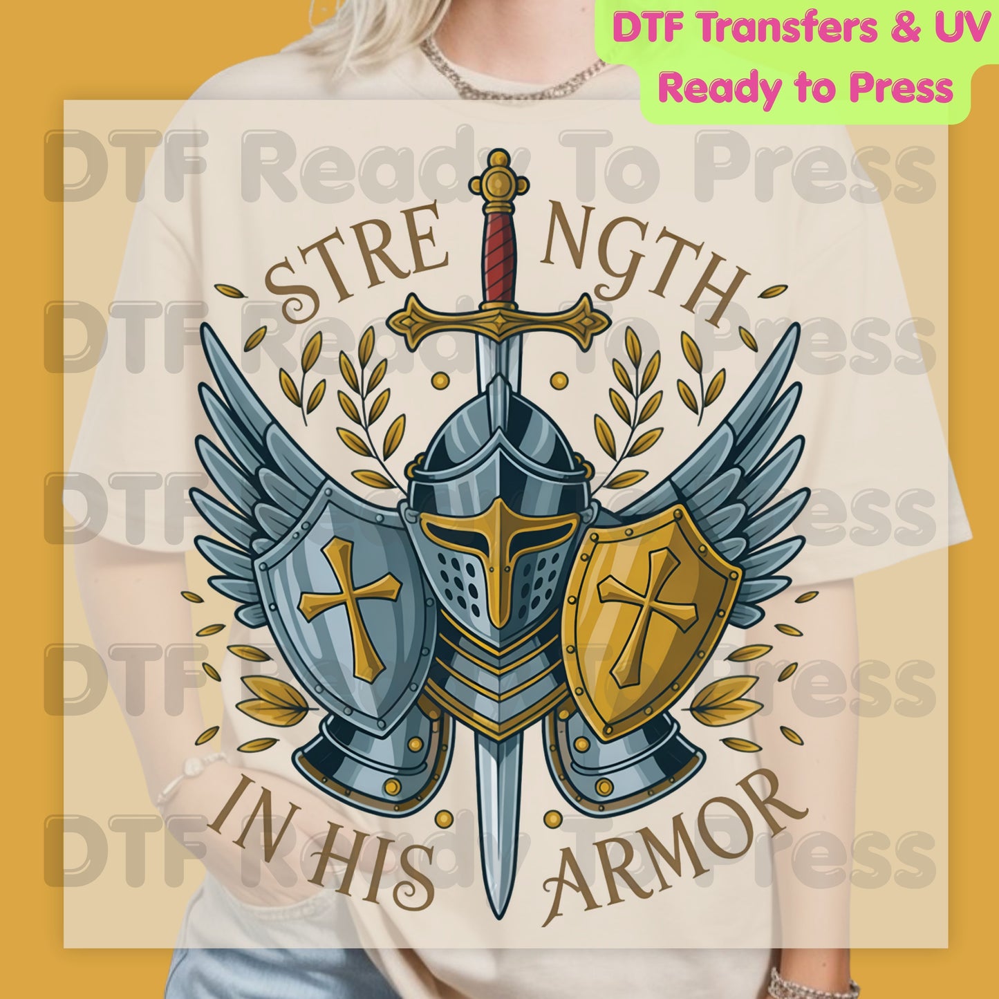 Strength In His Armor Knight DTF Transfer Ready to Press Christian Armor of God UV DTF Sticker Shield Cross Sword Wings Heat Transfer for Shirts