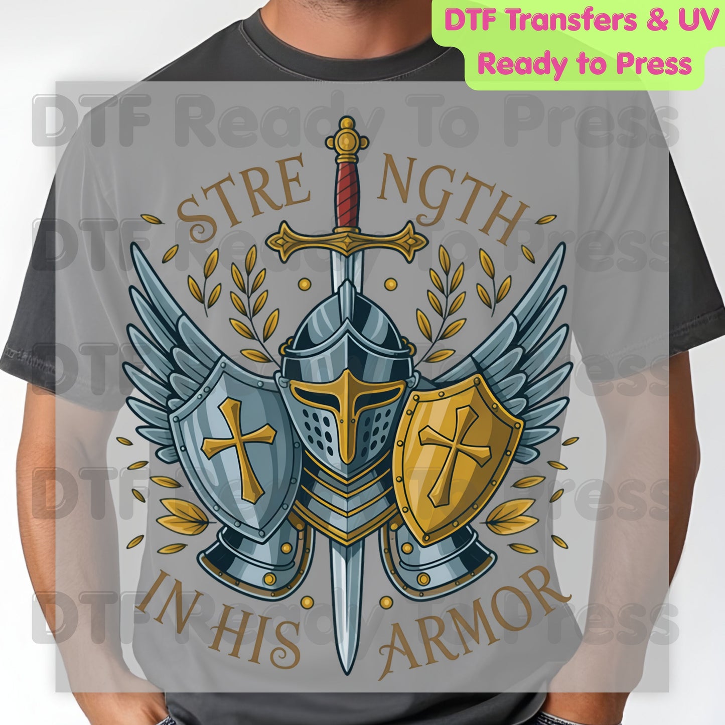 Strength In His Armor Knight DTF Transfer Ready to Press Christian Armor of God UV DTF Sticker Shield Cross Sword Wings Heat Transfer for Shirts