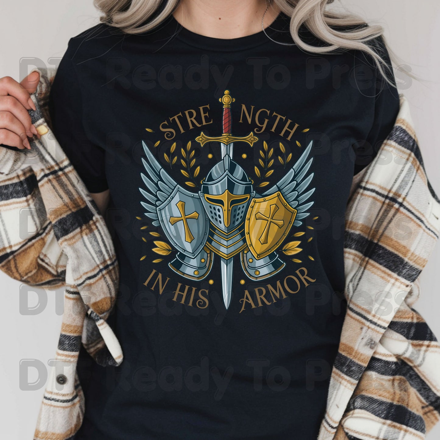 Strength In His Armor Knight DTF Transfer Ready to Press Christian Armor of God UV DTF Sticker Shield Cross Sword Wings Heat Transfer for Shirts
