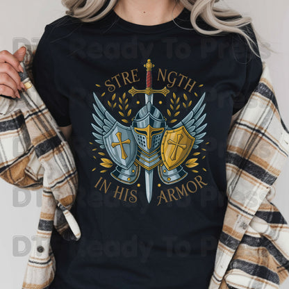 Strength In His Armor Knight DTF Transfer Ready to Press Christian Armor of God UV DTF Sticker Shield Cross Sword Wings Heat Transfer for Shirts