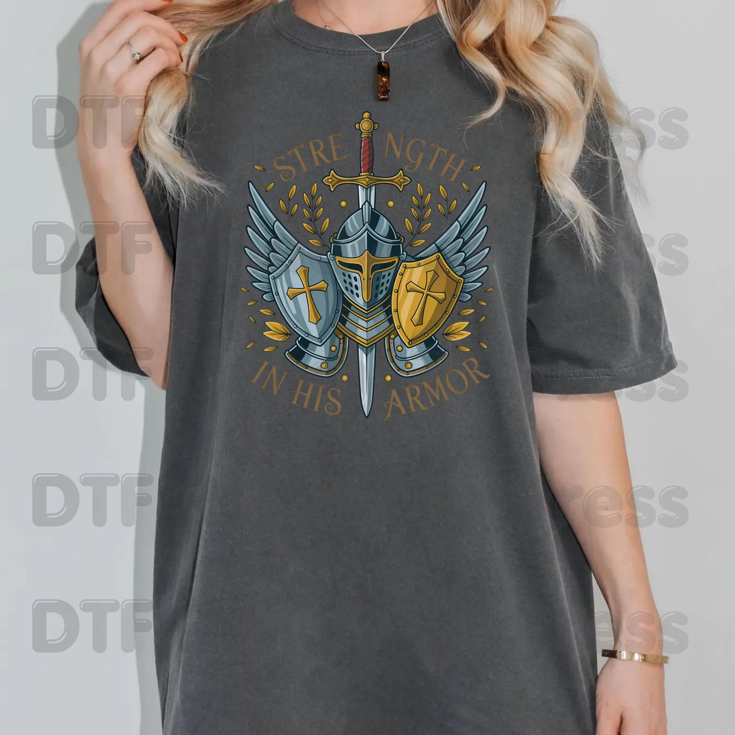 Strength In His Armor Knight DTF Transfer Ready to Press Christian Armor of God UV DTF Sticker Shield Cross Sword Wings Heat Transfer for Shirts