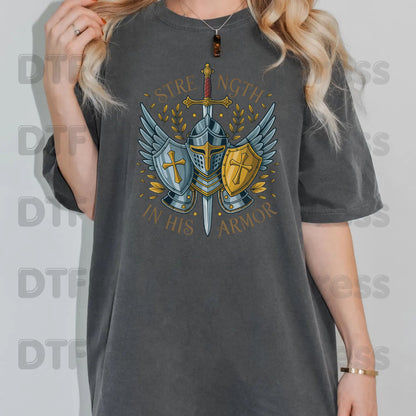 Strength In His Armor Knight DTF Transfer Ready to Press Christian Armor of God UV DTF Sticker Shield Cross Sword Wings Heat Transfer for Shirts