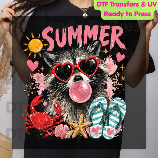 Summer Raccoon DTF Transfer Ready to Press Pink Heart Sunglasses Crab Flip Flops Heat Transfer for Shirts Tropical UV Sticker Prints