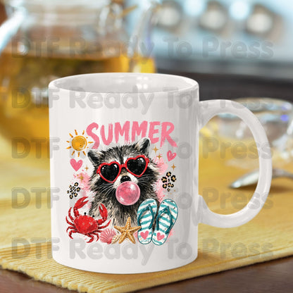 Summer Raccoon DTF Transfer Ready to Press Pink Heart Sunglasses Crab Flip Flops Heat Transfer for Shirts Tropical UV Sticker Prints