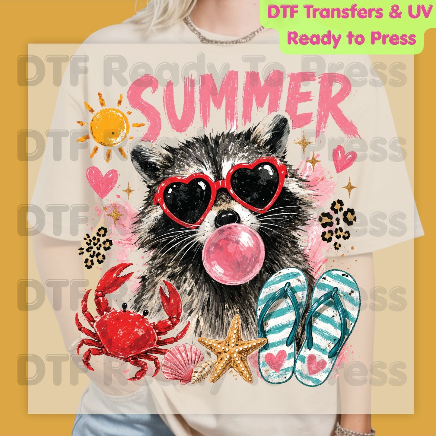 Summer Raccoon DTF Transfer Ready to Press Pink Heart Sunglasses Crab Flip Flops Heat Transfer for Shirts Tropical UV Sticker Prints
