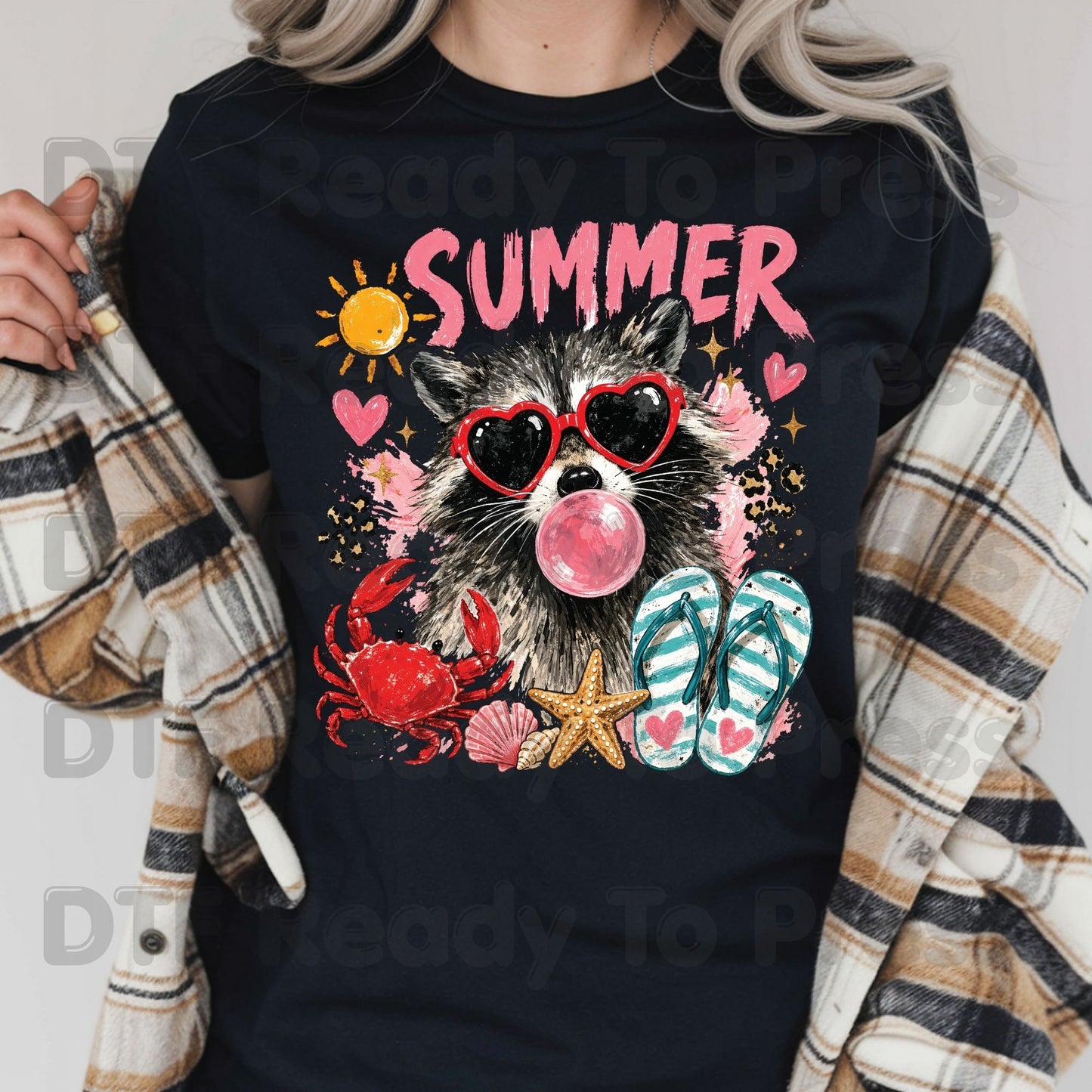 Summer Raccoon DTF Transfer Ready to Press Pink Heart Sunglasses Crab Flip Flops Heat Transfer for Shirts Tropical UV Sticker Prints