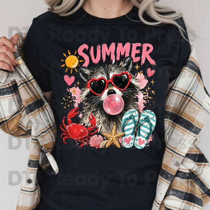 Summer Raccoon DTF Transfer Ready to Press Pink Heart Sunglasses Crab Flip Flops Heat Transfer for Shirts Tropical UV Sticker Prints