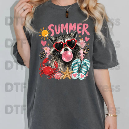 Summer Raccoon DTF Transfer Ready to Press Pink Heart Sunglasses Crab Flip Flops Heat Transfer for Shirts Tropical UV Sticker Prints