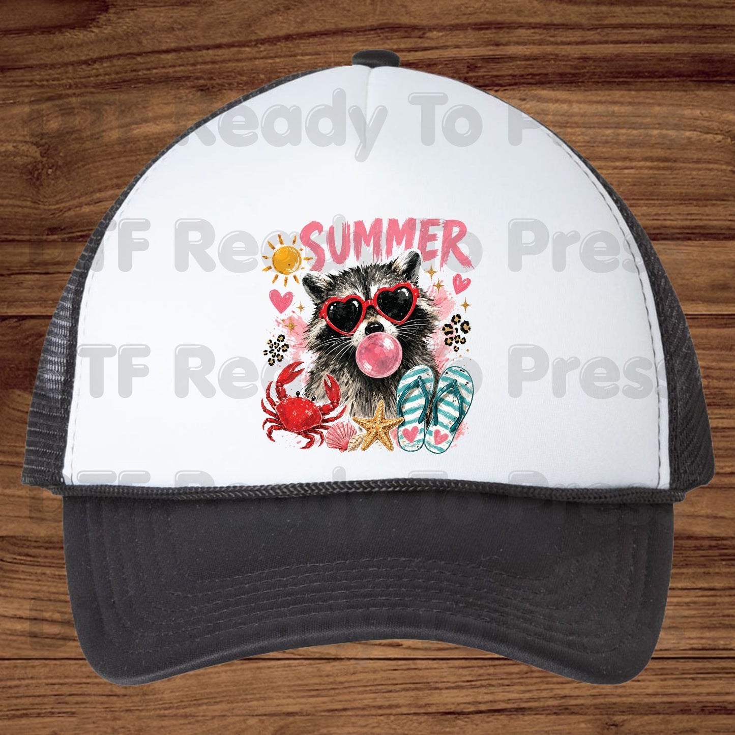 Summer Raccoon DTF Transfer Ready to Press Pink Heart Sunglasses Crab Flip Flops Heat Transfer for Shirts Tropical UV Sticker Prints