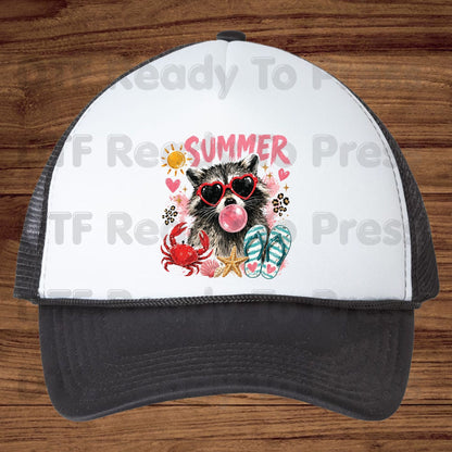 Summer Raccoon DTF Transfer Ready to Press Pink Heart Sunglasses Crab Flip Flops Heat Transfer for Shirts Tropical UV Sticker Prints