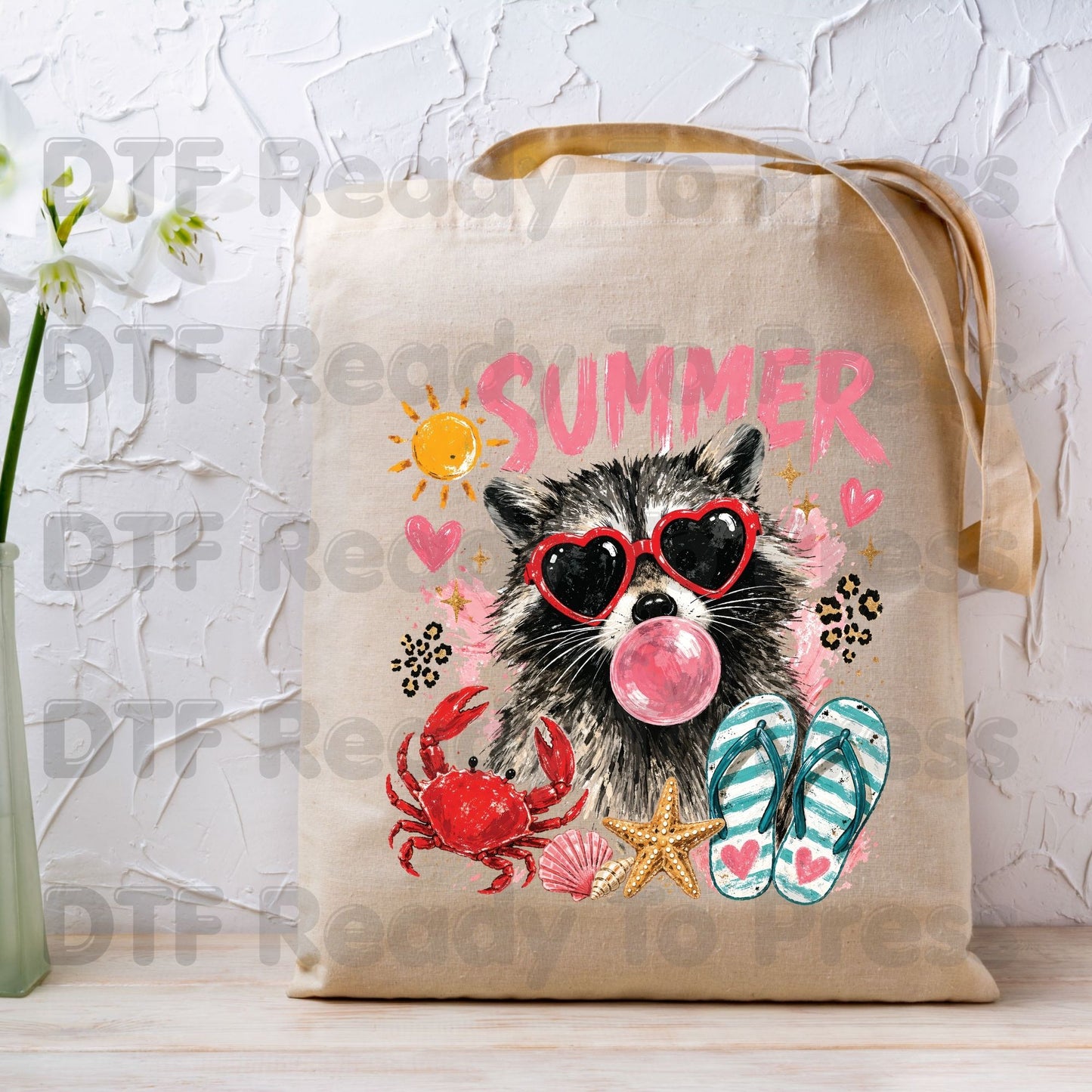 Summer Raccoon DTF Transfer Ready to Press Pink Heart Sunglasses Crab Flip Flops Heat Transfer for Shirts Tropical UV Sticker Prints