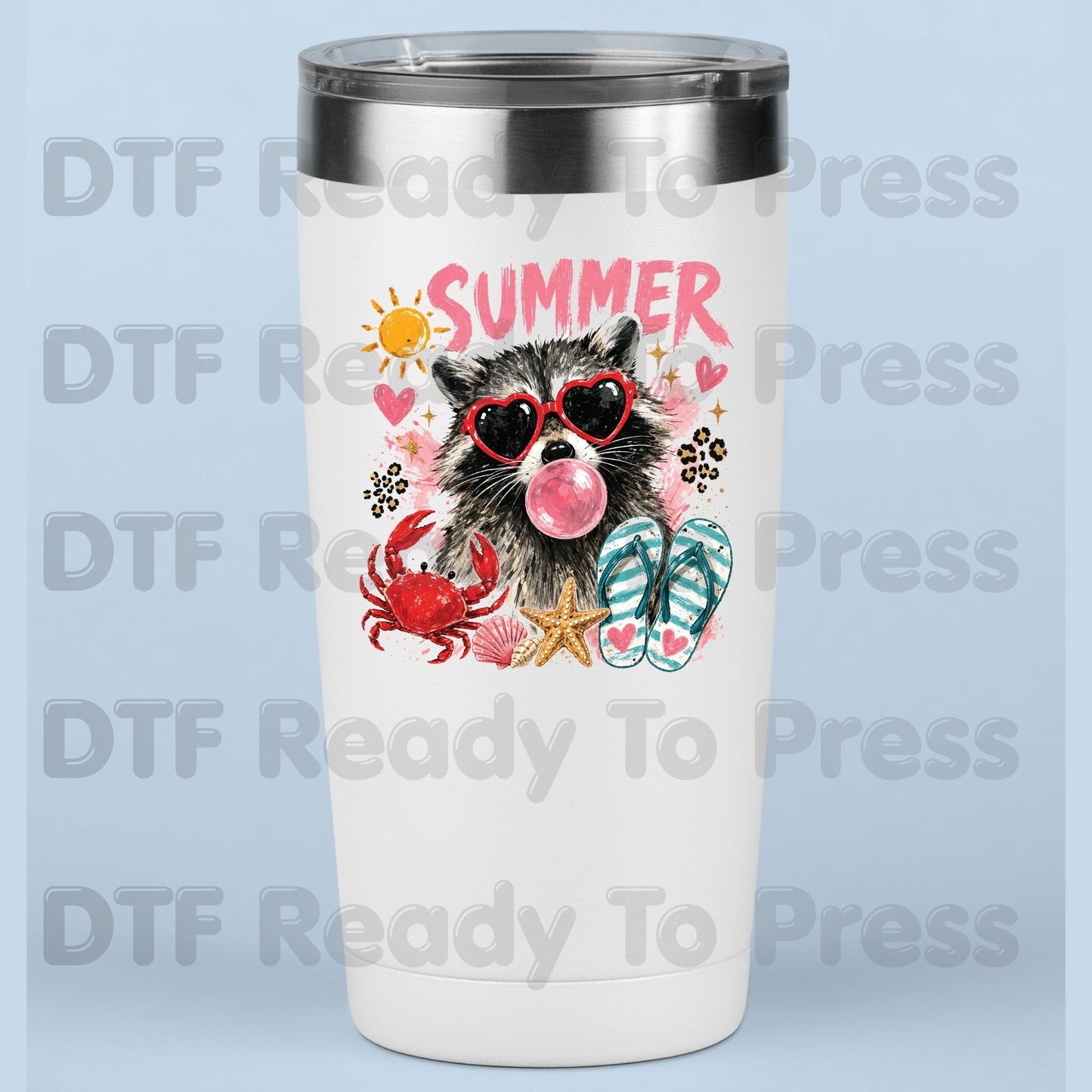 Summer Raccoon DTF Transfer Ready to Press Pink Heart Sunglasses Crab Flip Flops Heat Transfer for Shirts Tropical UV Sticker Prints