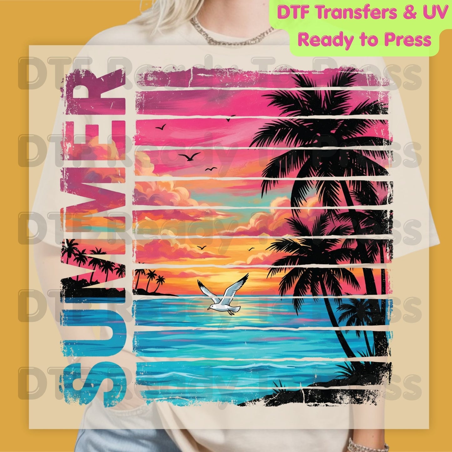 Summer Sunset Beach DTF Transfer Ready to Press Retro Tropical Palm Trees Seagull Heat Transfer for Shirts Coastal Vacation UV Sticker Print