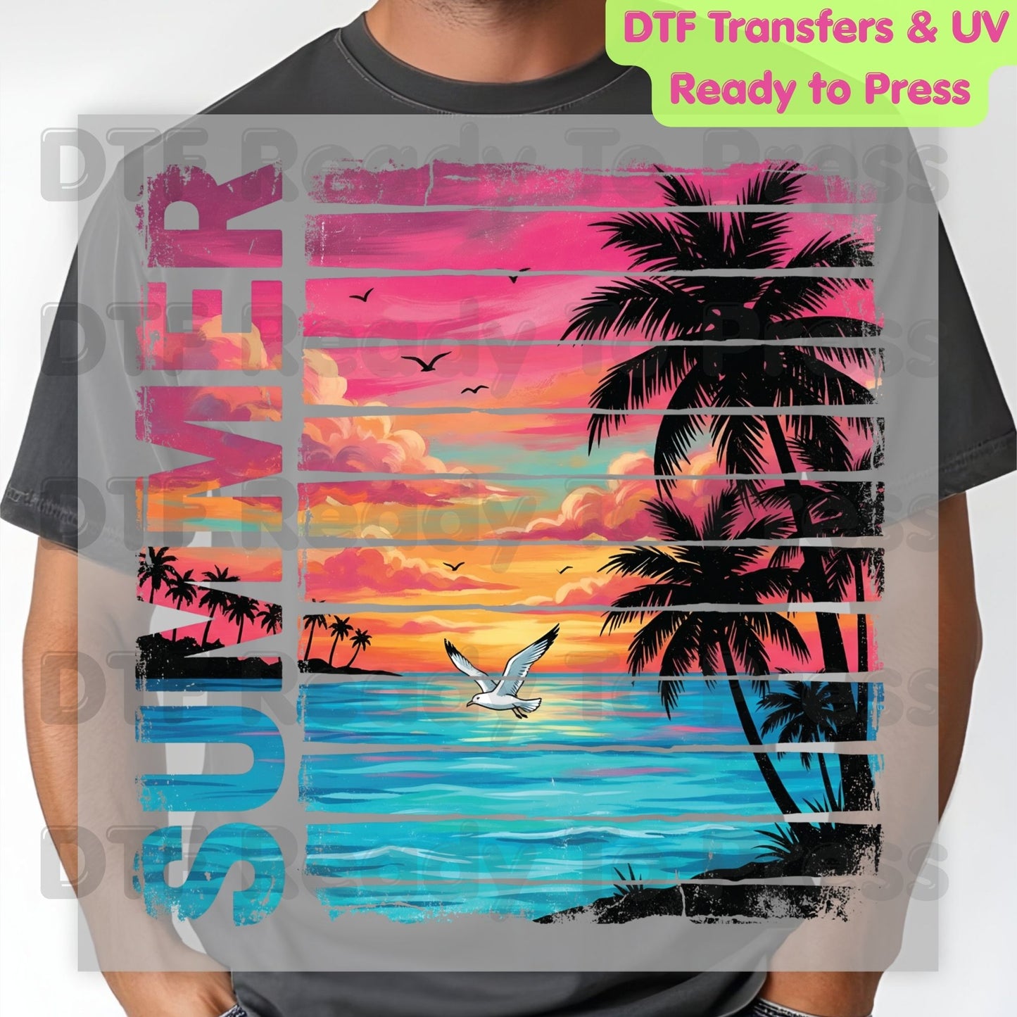 Summer Sunset Beach DTF Transfer Ready to Press Retro Tropical Palm Trees Seagull Heat Transfer for Shirts Coastal Vacation UV Sticker Print