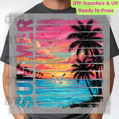 Summer Sunset Beach DTF Transfer Ready to Press Retro Tropical Palm Trees Seagull Heat Transfer for Shirts Coastal Vacation UV Sticker Print