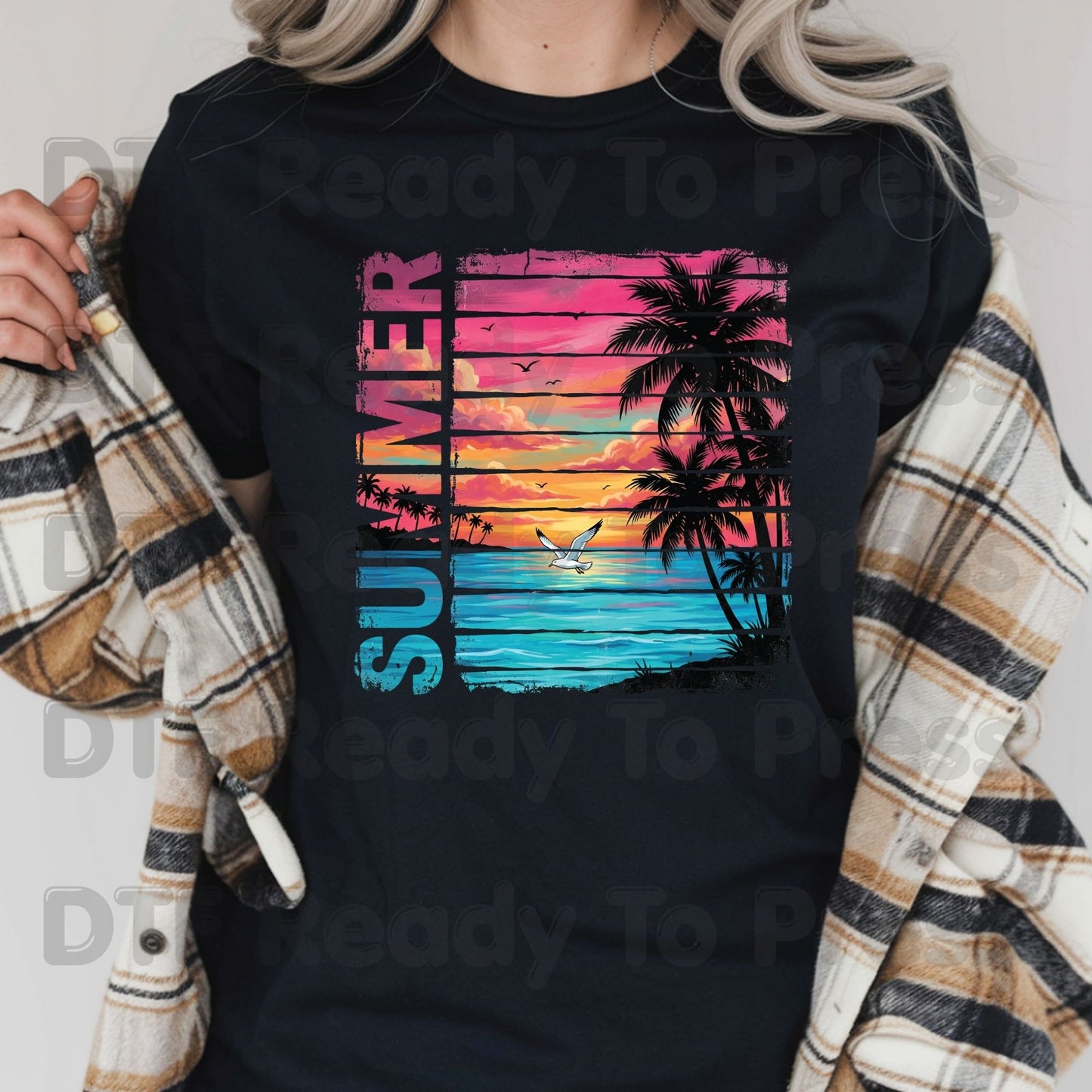 Summer Sunset Beach DTF Transfer Ready to Press Retro Tropical Palm Trees Seagull Heat Transfer for Shirts Coastal Vacation UV Sticker Print