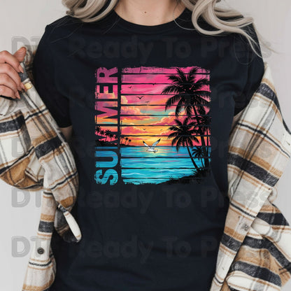 Summer Sunset Beach DTF Transfer Ready to Press Retro Tropical Palm Trees Seagull Heat Transfer for Shirts Coastal Vacation UV Sticker Print