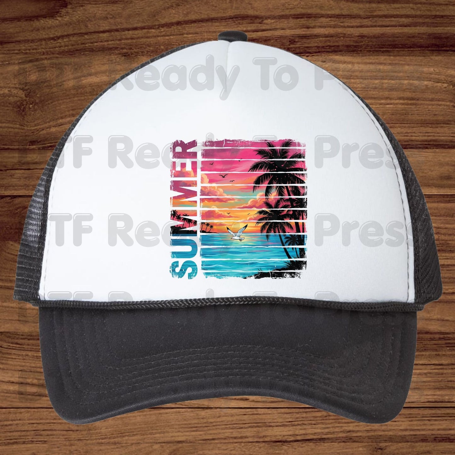 Summer Sunset Beach DTF Transfer Ready to Press Retro Tropical Palm Trees Seagull Heat Transfer for Shirts Coastal Vacation UV Sticker Print