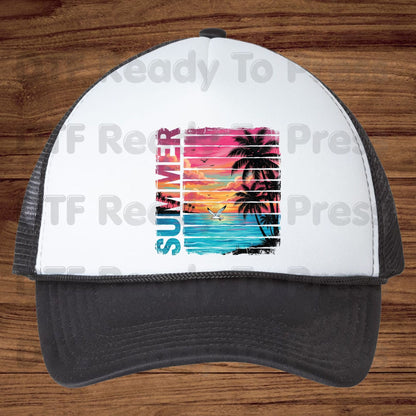 Summer Sunset Beach DTF Transfer Ready to Press Retro Tropical Palm Trees Seagull Heat Transfer for Shirts Coastal Vacation UV Sticker Print