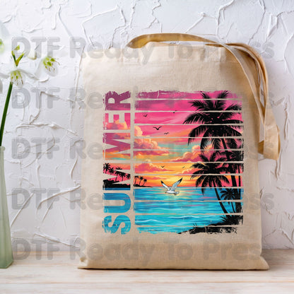 Summer Sunset Beach DTF Transfer Ready to Press Retro Tropical Palm Trees Seagull Heat Transfer for Shirts Coastal Vacation UV Sticker Print