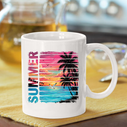 Summer Sunset Beach DTF Transfer Ready to Press Retro Tropical Palm Trees Seagull Heat Transfer for Shirts Coastal Vacation UV Sticker Print