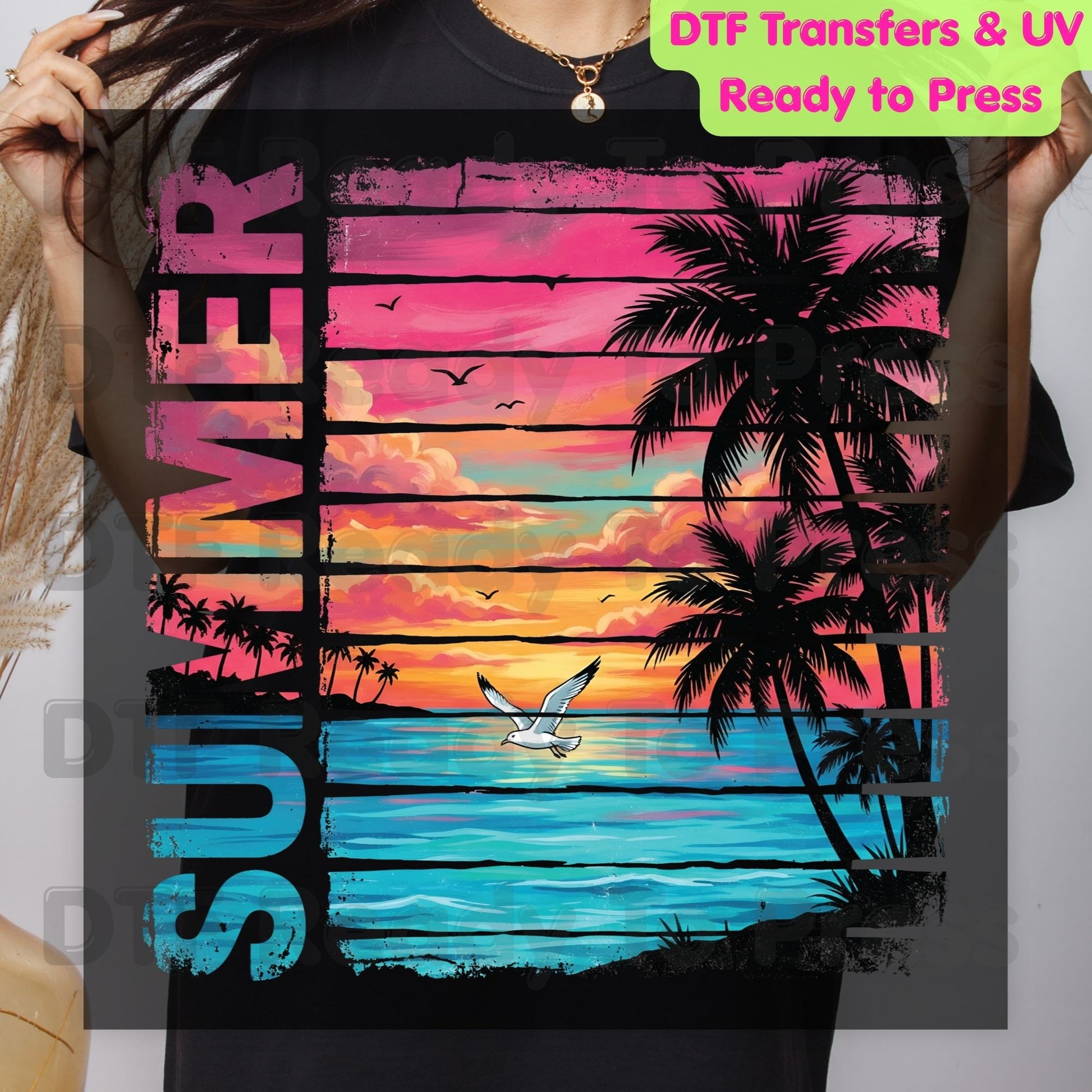 Summer Sunset Beach DTF Transfer Ready to Press Retro Tropical Palm Trees Seagull Heat Transfer for Shirts Coastal Vacation UV Sticker Print